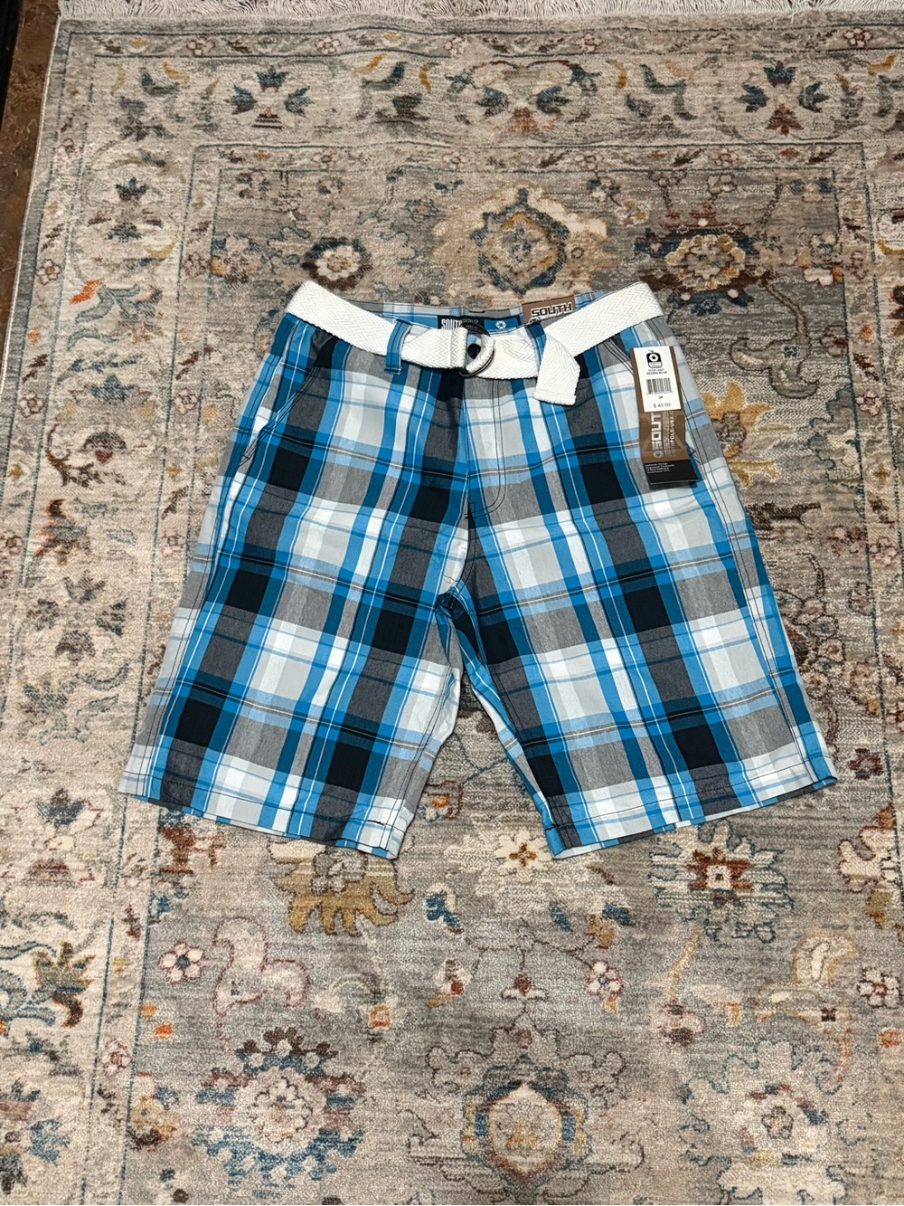 South Pole Blue, White & Gray Plaid Men's Shorts with White Belt Size 34